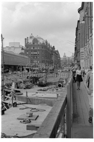 Construction work at Vasagatan for Järvabanan (metro blue line), Stockholm. (1971)