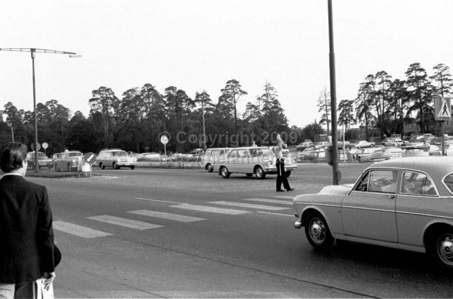 Nynsvägen southbound. The Globen arena is to the right today. Stockholm. (1966)