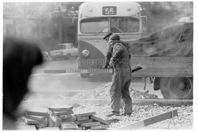 Road work. Bus 55 in the background, Stockholm. (1967).