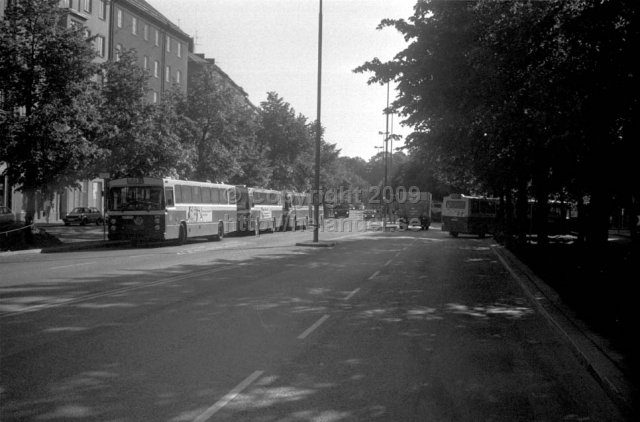 SL-bussar vid Ringvägen, Södermalm, Stockholm. (1987)