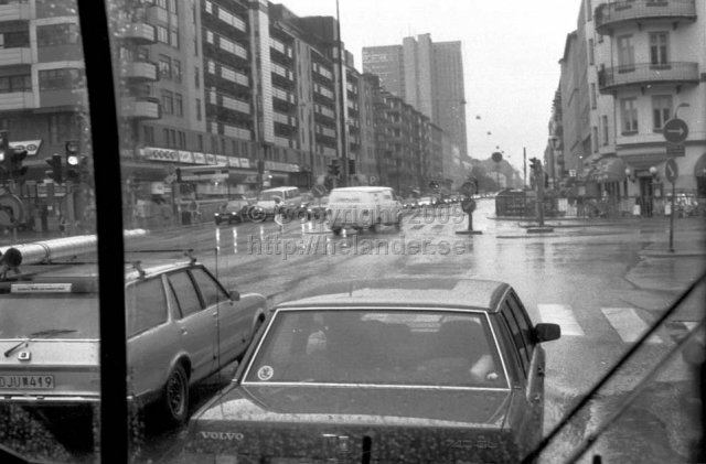 View from a SL-bus at Götgatan crossing Ringvägen, Södermalm, Stockholm. (1987)