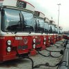 SL-bussar vid ramp vid SLs Bollmoragaraget (BAGA), Stockholm. (1987)