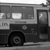 Entrédörr till en SL-buss parkerad vid hållplats Flaten, Älta, Stockholm. (1987)