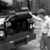 SL bus driver (Stefan Helander) and bus at turnaround at Tyresö slott, Stockholm. (1987)